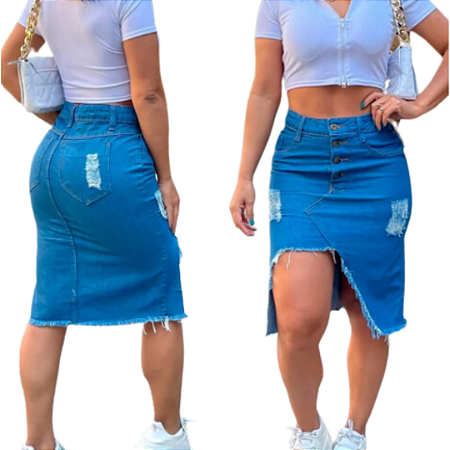 Saia Jeans Midi Feminina Desfiada Destroyed Azul Escuro