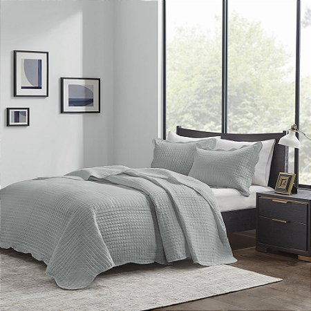 Colcha Queen CORTTEX 2,4M x 2,6M Milão Cinza com 02 Porta-Travesseiros 50cm x 70cm