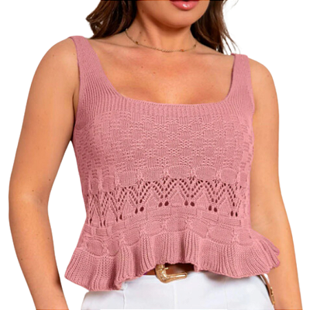 Blusa Cropped Tricot Regata com Babado e Vazados Nude