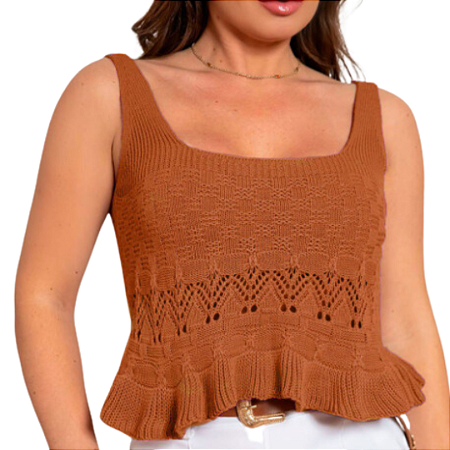 Blusa Cropped Tricot Regata com Babado e Vazados Marrom