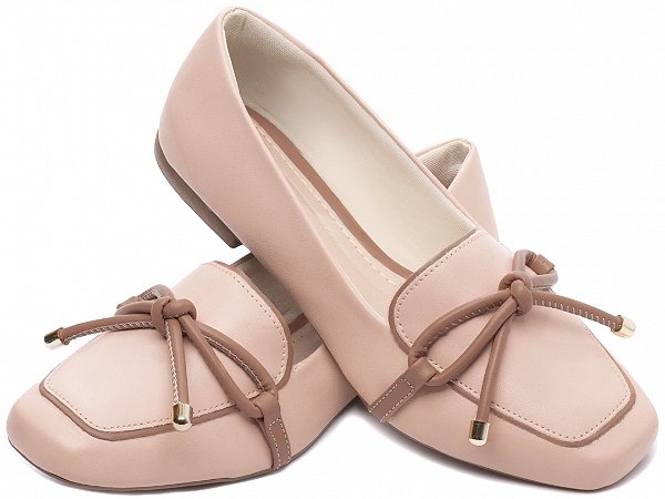 Mocassim Feminino TORRICELLA Rasteiro Laço em Nó Rosé Detalhes Bege