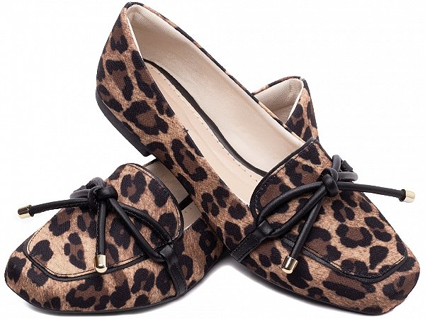 Mocassim Feminino TORRICELLA Rasteiro Laço em Nó Onça Detalhes Preto