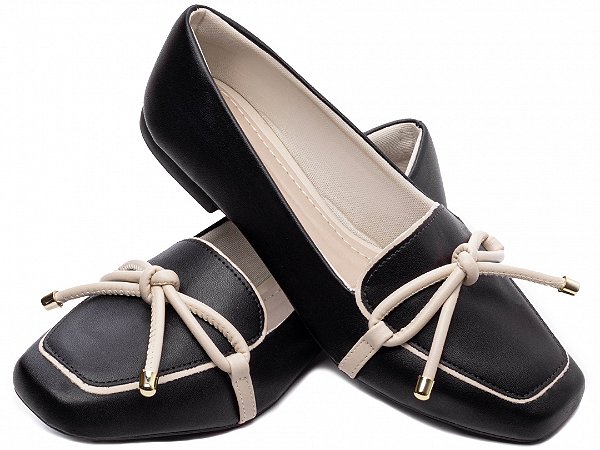 Mocassim Feminino TORRICELLA Rasteiro Laço em Nó Preto detalhes Off White