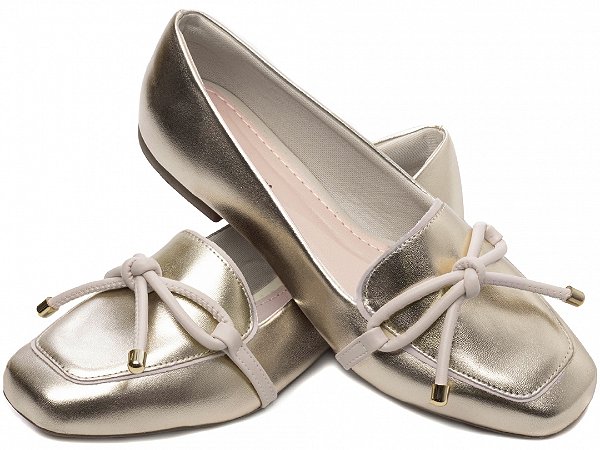 Mocassim Feminino TORRICELLA Rasteiro Laço em Nó Ouro Light Detalhes Off White