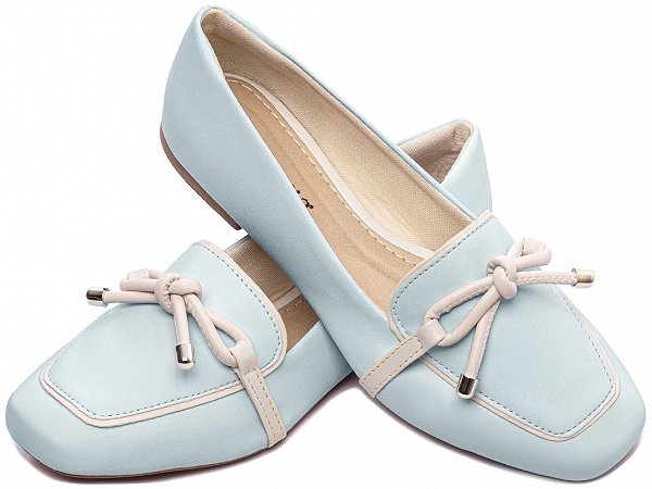 Mocassim Feminino TORRICELLA Rasteiro Laço em Nó Azul Detalhes Off White