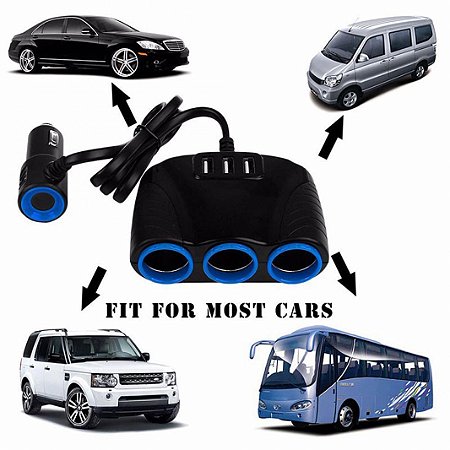Carregador Automotivo com 03 portas USB Aplicável ao Tablet Smartphone MP3/MP4 Câmera Digital DVR GPS Aspirador de Pó Geladeira Veicular