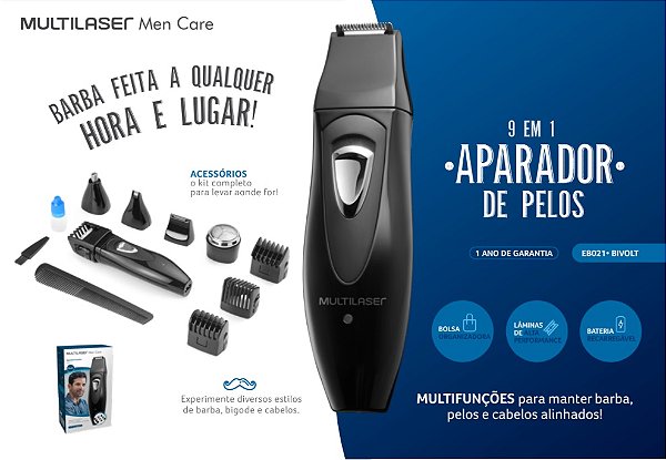 Aparador de Pelos MULTILASER Men Care Bateria Recarregavel 09 em 01 + Acessórios