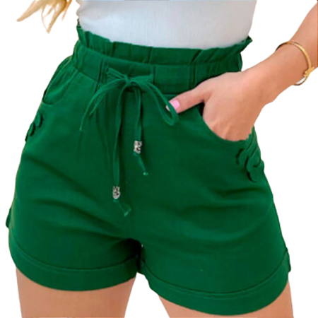 Short Feminino Clochard Elegante com Cintura Alta e Elástica VERDE
