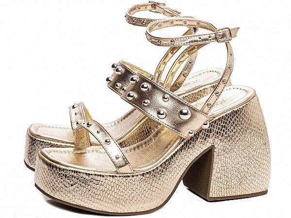 Sandália Feminina TORRICELLA Anabela Dourado com Apliques Prata