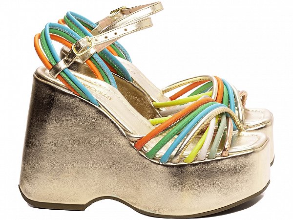 Sandália Feminina TORRICELLA Anabela Metalizado Dourado Rose e Off White, Verde, Amarelo, Azul e Laranja