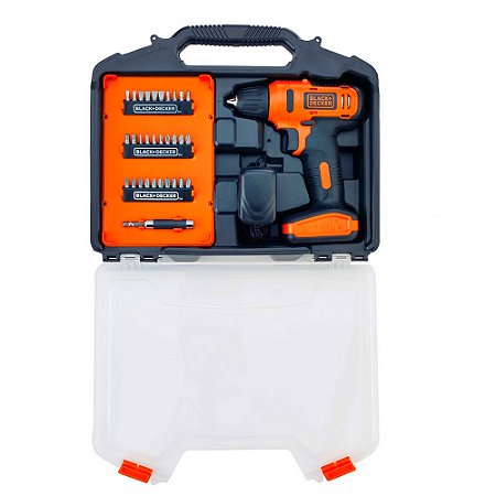 Parafusadeira e Furadeira à Bateria BLACK DECKER 12 Volts 3/8" 10mm com 31 Acessórios e Maleta Laranja