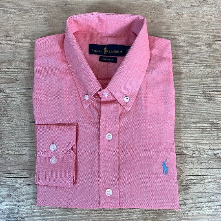 Camisa Masculina PRL Manga Longa PRL Rosa Logo Azul