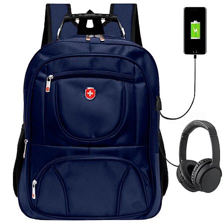 Mochila Unissex Universitária com Entrada USB Fone P2 e Porta Notebook