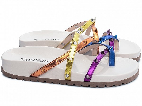 Sandália Feminina TORRICELLA Papete Birken Off White Spikes ABS Metalizados Coloridos