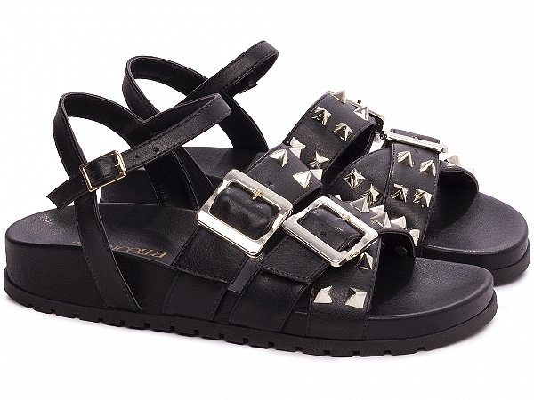 Sandália Feminina TORRICELLA Papete Birken Preto Fivelas e Spikes ABS Prata