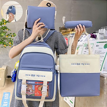 Mochila Infantil Impermeável Kit Sacola Necessaire + Estojo com 05 Peças