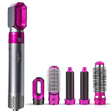Secador de Cabelo Modelador de Cachos Elétrico Kit 05 em 01 1000W Cinza com Rosa