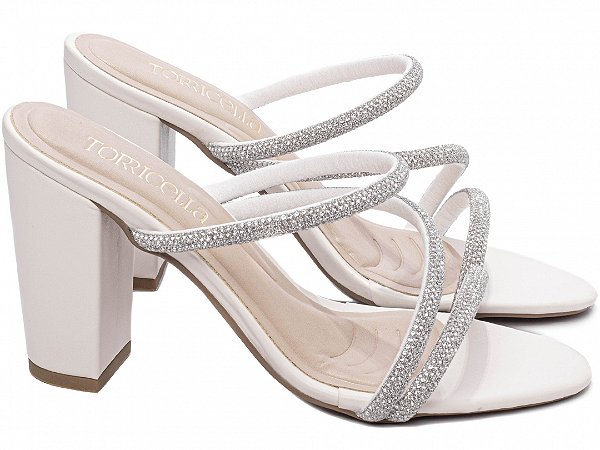 Sandália Tamanco Feminina TORRICELLA Off White com Strass Prata
