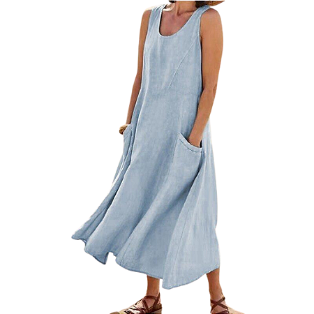 Vestido Midi sem Manga Alça Média Soltinho Bolsos Laterais Azul Celeste