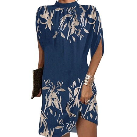 Vestido Manga Curta Gola Redonda Moda Casual Estampado Azul