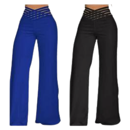 Calça Feminina em Malha Wide Leg Cintura Alta Fashion Preta / Azul