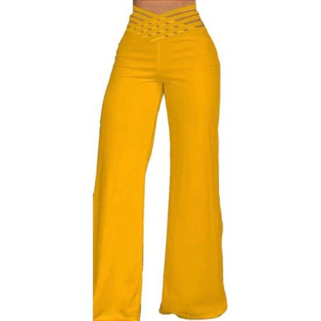 Calça Feminina em Malha Wide Leg Cintura Alta Fashion Amarelo / Branco / Rosa