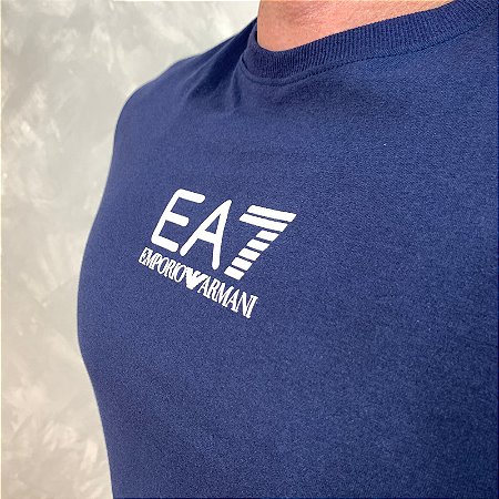 Camiseta Masculina Armani Azul Logo Branco