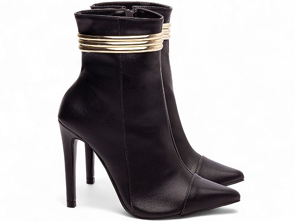 Bota Feminina TORRICELLA Bico Fino Salto 12 Cano Médio Preto Detalhes Dourados