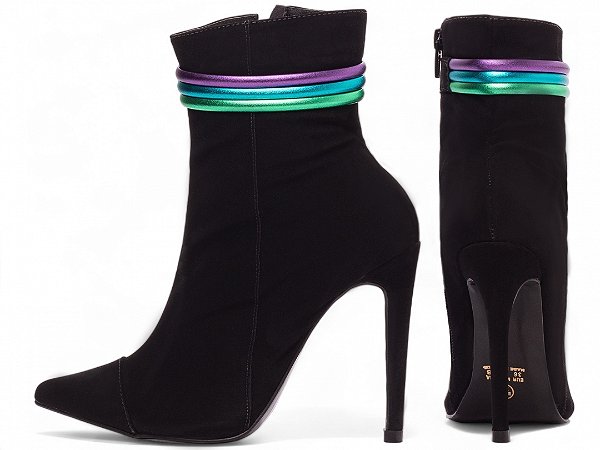 Bota Feminina TORRICELLA Bico Fino Salto 12 Cano Médio Nobuck Preto Detalhes Coloridos