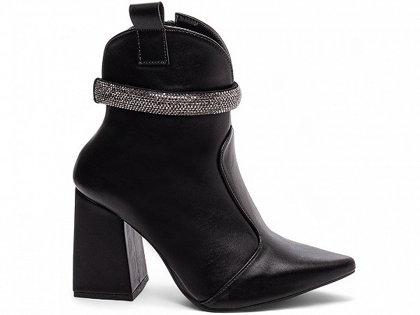 Bota Feminina TORRICELLA Bico Fino Cano Médio Preto Detalhes em Strass Prata