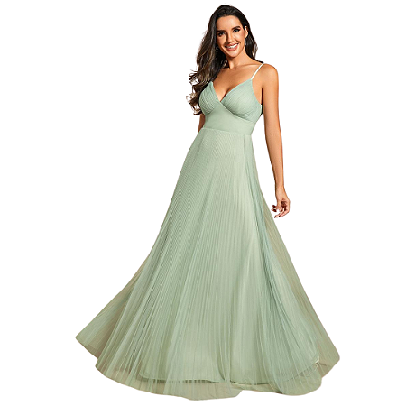 Vestido Alça Fina Decote V Saia Plissada Evasê em Tule Longo Verde Menta