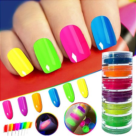 Pigmento Neon em Pó para Unhas Brilho Acrílico Gradiente Nail Art Profissional e DIY 06 Potinhos