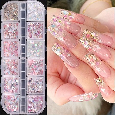 Bandeja de Decoração Nail Art Colorido Glitter Lantejoulas Mix de Formas 12 grades Profissional e DIY