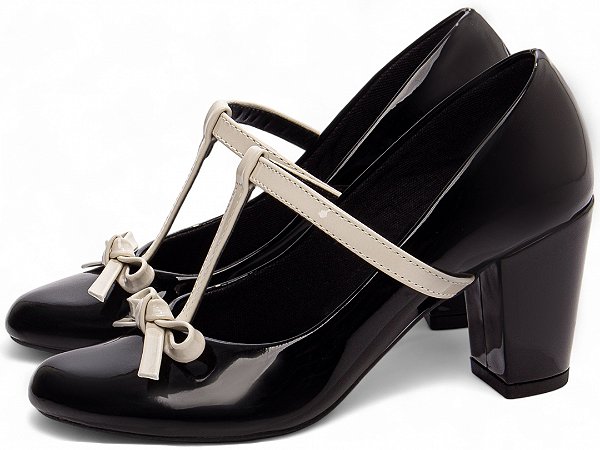 Sapato Boneca TORRICELLA Mary Jane Verniz Preto com Laço Verniz Off White