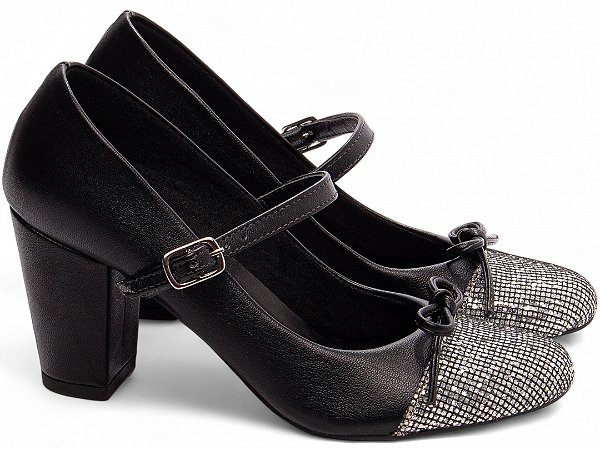 Sapato Boneca TORRICELLA Mary Jane Preto Detalhes em Glitter Prata com Laço Preto