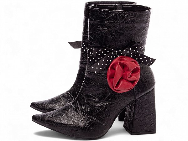 Bota Feminina TORRICELLA Vintage Preto Bico Fino Cano Médio Flor e Laço Poá