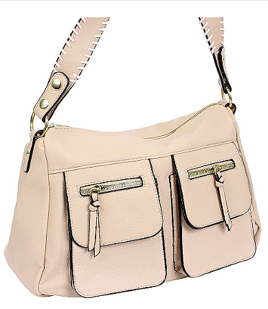 Bolsa Feminina Luxo Elegante Alça Grossa Detalhes Dourados Areia