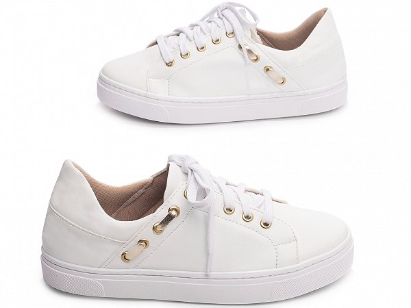 Tênis Feminino TORRICELLA Napa Branco com Tiras Metalizado Dourado e Ilhós Dourado