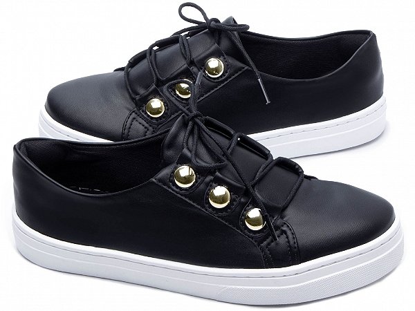 Tênis Feminino TORRICELLA Slip On Napa Preto Passantes Dourados