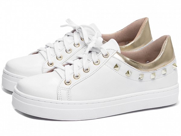 Tênis Feminino TORRICELLA Napa Branco ilhós e Spikes Dourados