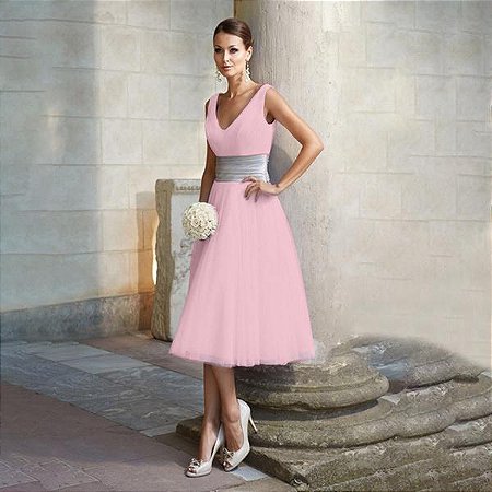 Vestido Cocktail Cintura Alta Marcada sem Manga Decote V Midi Festa Rosa