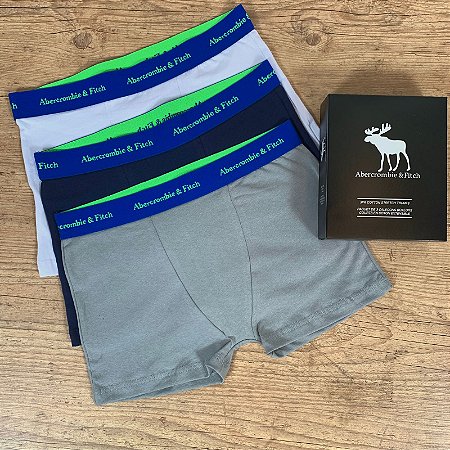 Kit Cueca Boxer ABERCROMBIE & FITCH com 03 Unidades Branco Azul e Cinza