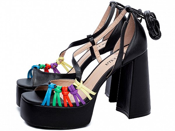 Sandália Feminina TORRICELLA Meia Pata Detalhe Multicolorido Fecho de Amarração Napa Preto