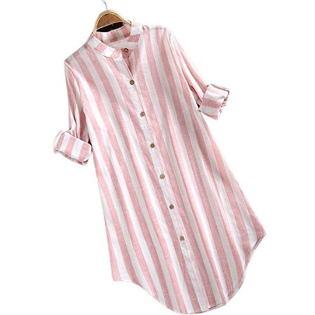 Chemise Feminina Listrada Soltinha Manga Comprida Algodão Linho Rosa