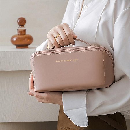 Nécessaire para Armazenamento de Cosméticos em Couro Organizador de Maquiagem de Alta Capacidade Rosa