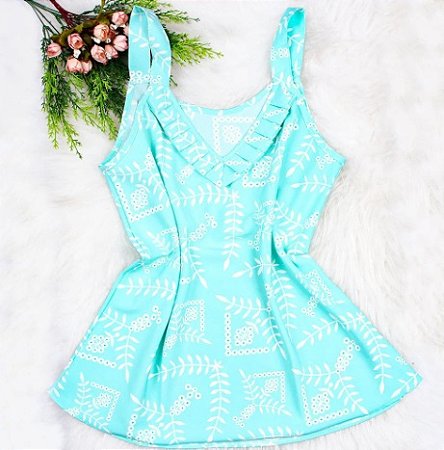 Regata Feminina Gola V com Dobras Tecido Crepe Estampada Azul