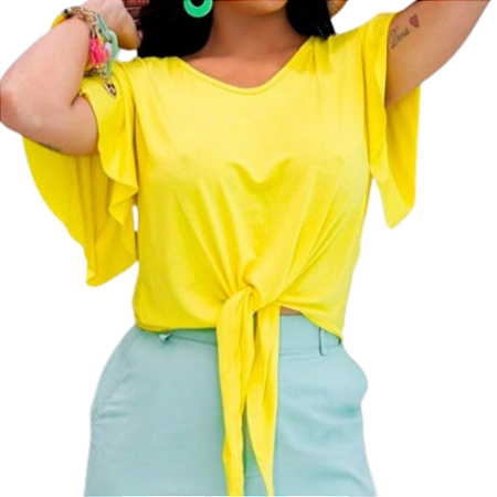 Cropped 2 em 1 Blusa Feminina com Amarração Manga Flare Amarelo Tamanho Único