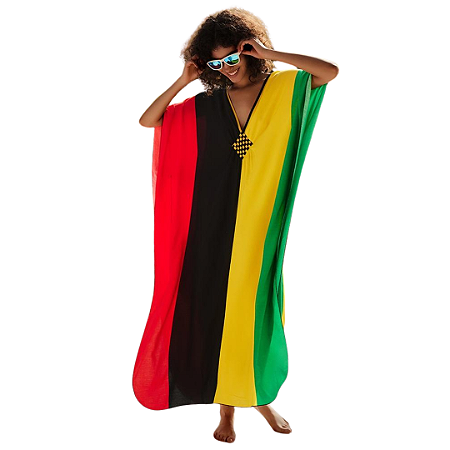 Vestido Feminino Kaftan Longo Viscose Estampa Multicolorida Primavera Verão Multifuncional Elegante