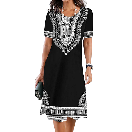 Vestido Midi Manga Curta Soltinho Estampa Vintage Preto com Branco