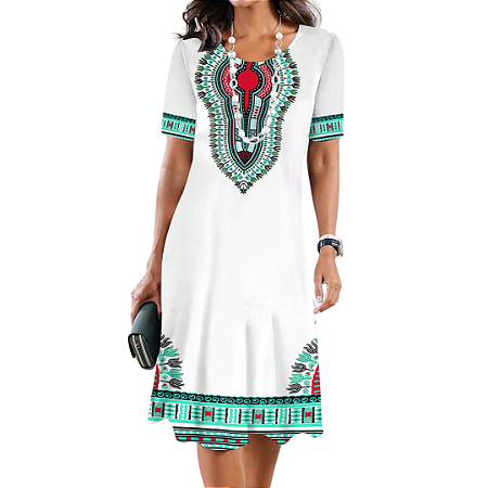 Vestido Midi Manga Curta Soltinho Estampa Vintage Branco com Verde